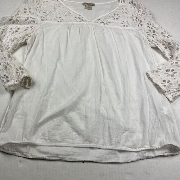 Lucky Brand White Eyelet Boho Blouse 3/4 Sleeve Festival Cottagecore Shirt Large - Picture 2 of 10